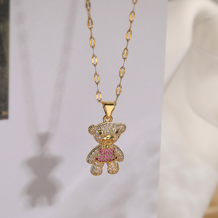 Niedliche Basic-Halskette mit Anhänger „Kleiner Bär“ aus Kupfer mit 18-Karat-Vergoldung und Zirkon-Anhänger in großen Mengen