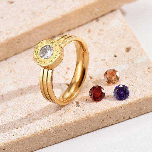 Elegante Ringe im Vintage-Stil mit runder Zahl und polierter Beschichtung aus Edelstahl mit Zirkon-Inlay und 14-Karat-Vergoldung