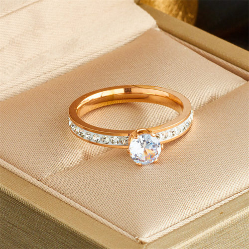 Simple Style Round Titanium Steel Inlay Zircon Rings