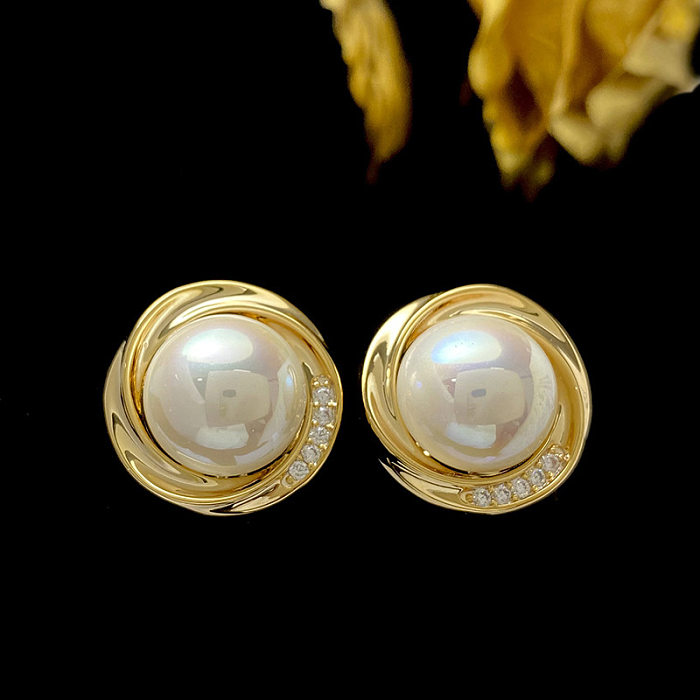 1 Pair Simple Style Round Inlay Copper Artificial Pearls Zircon Ear Studs