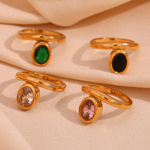 Eleganter Vintage-Stil, klassischer Stil, ovale Ringe mit Edelstahlbeschichtung und Zirkoneinlage, 18 Karat vergoldet