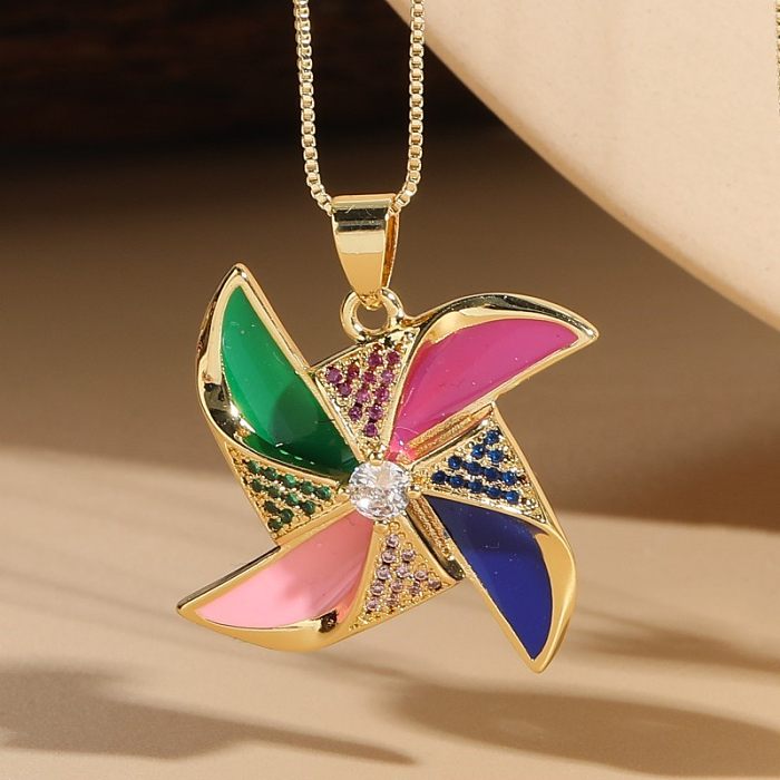 Elegant Luxurious Classic Style Flower Copper Plating Inlay Zircon 14K Gold Plated Pendant Necklace
