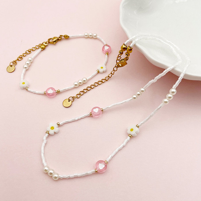 Princesse mignon Style Simple coeur forme fleur acier inoxydable perlé placage plaqué or Bracelets collier