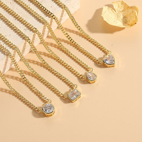 Elegante artístico redondo gotas de água formato de coração cobre 14K colar com pingente de zircão banhado a ouro a granel
