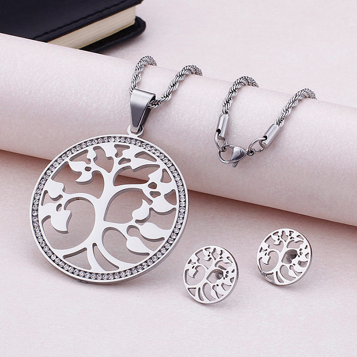Simple Tree Of Life Hollow Stainless Steel Necklace Earring Set Wholesale jewelry