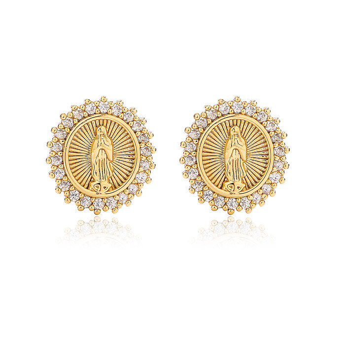 1 Pair Simple Style Commute Portrait Virgin Mary Plating Inlay Copper Zircon 18K Gold Plated Ear Studs