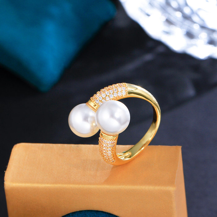 Sweet Geometric Copper Plating Inlay Artificial Pearls 14K Gold Plated White Gold Plated Rhodium Plated Open Rings