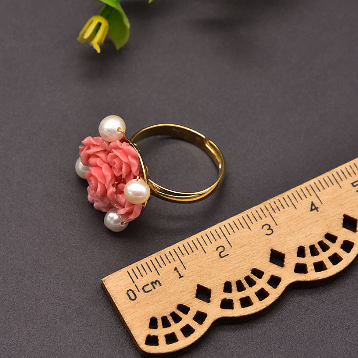 Original Design Flower Copper Plating Inlay Freshwater Pearl 18K Gold Plated Rings