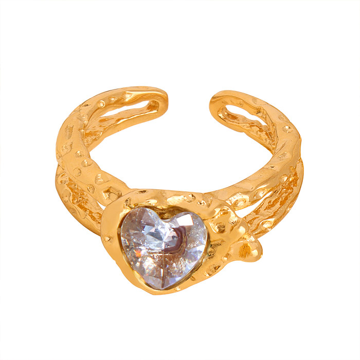 Retro Luxurious French Style Geometric Heart Shape Copper Plating Inlay Zircon 18K Gold Plated Open Rings