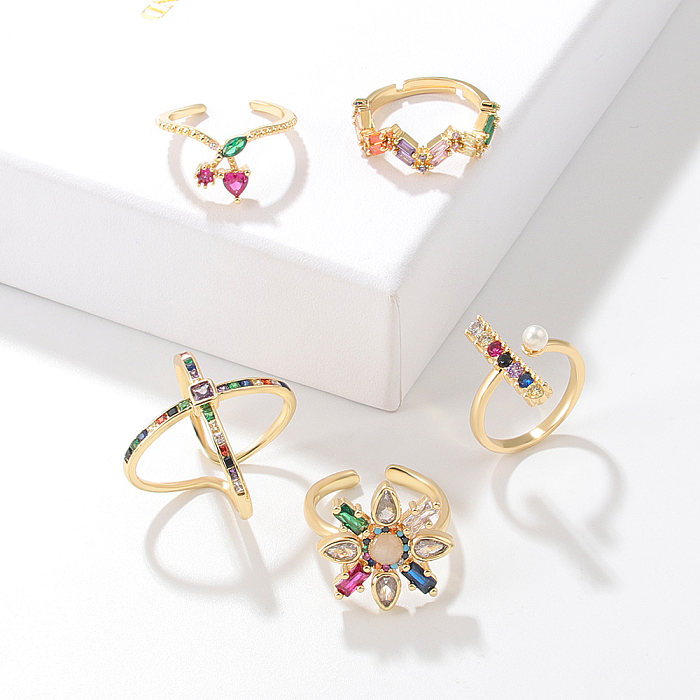 Anillos de cobre con flores geométricas a la moda, anillos de cobre con circonita incrustada