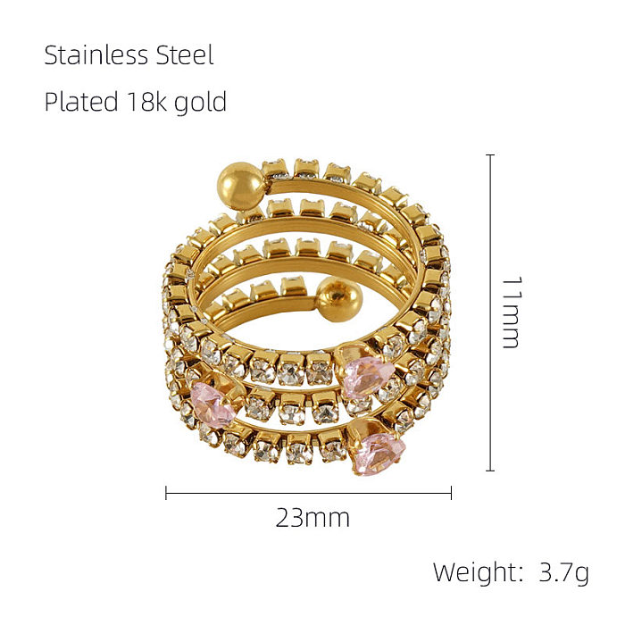 Anel de banda larga banhado a ouro 18K elegante com strass redondo e brilhante em aço inoxidável