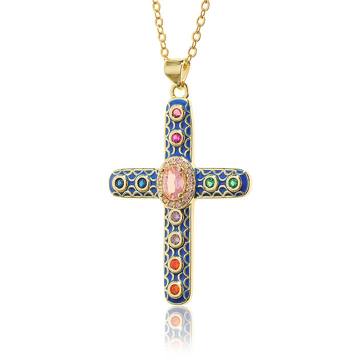 Simple Style Cross Copper Rhinestones Pendant Necklace In Bulk