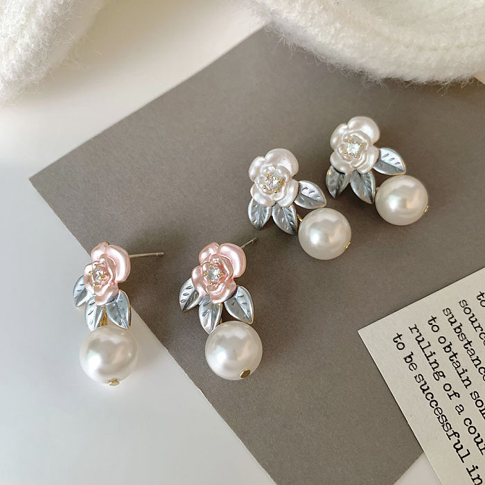 1 Pair Sweet Flower Enamel Plating Inlay Imitation Pearl Copper Zircon 14K Gold Plated Drop Earrings