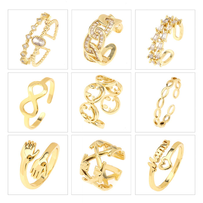 Modischer offener Ring mit Buchstaben-Herzform, Smiley-Gesicht, Kupfer, vergoldet, Zirkon, 1 Stück