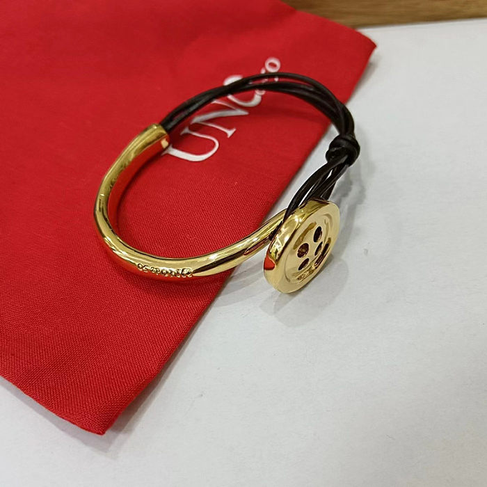 Bracelet plaqué argent avec bouton de style vintage, corde en cuir, placage de cuivre