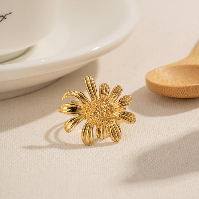 IG Style Sunflower Stainless Steel 18K Gold Plated Open Ring In Bulk