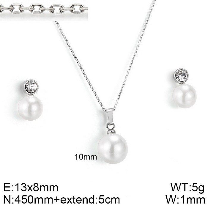 Collar De Pendientes De Mujer Con Incrustaciones De Acero De Titanio Geométrico De Perlas Artificiales Y Diamantes De Imitación