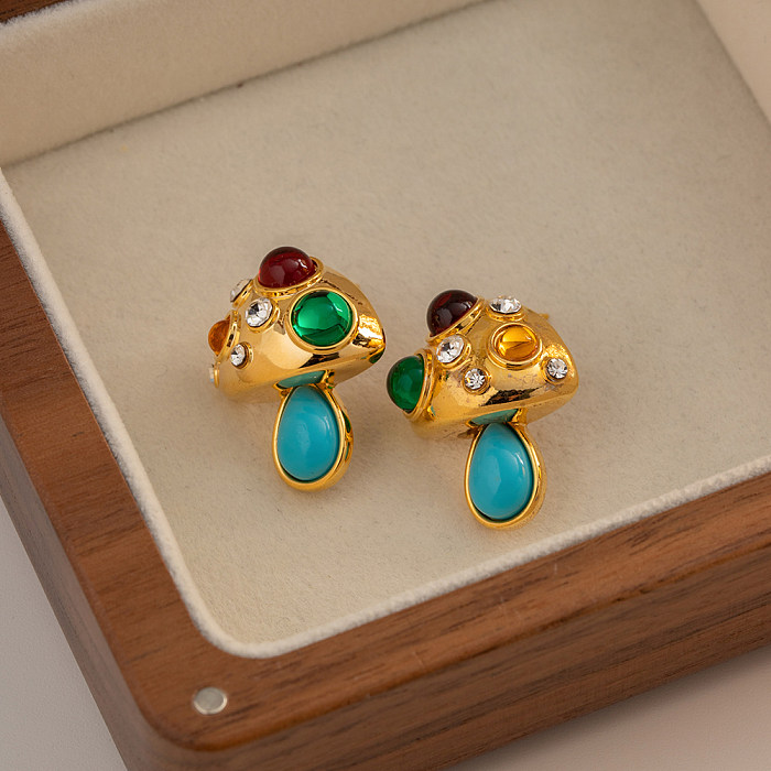 1 Pair Elegant Glam Mushroom Copper Plating Inlay Turquoise Zircon 18K Gold Plated Earrings