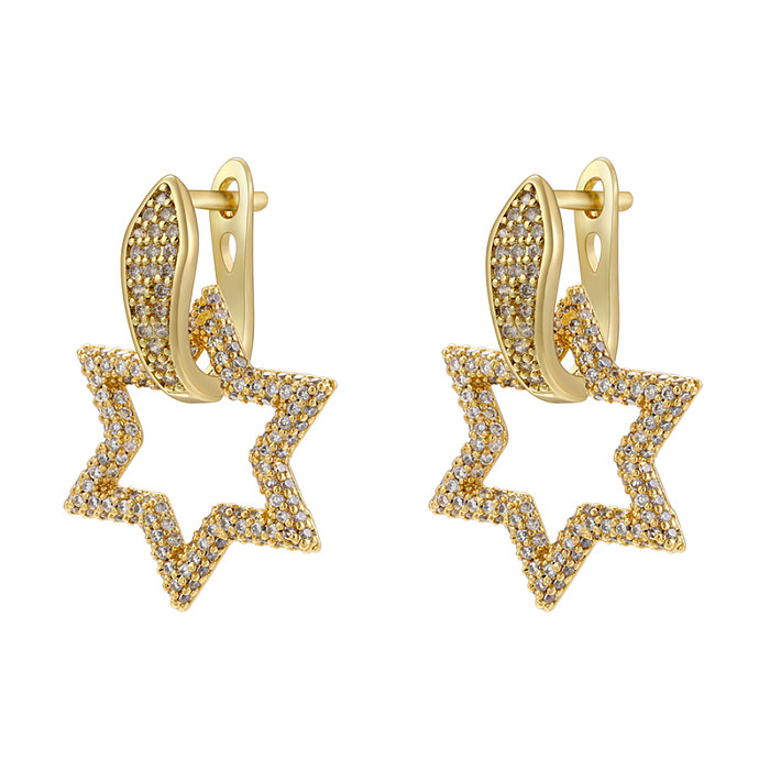 1 Paar elegante, luxuriöse, glänzende Pentagramm-Ohrringe mit rundem, rechteckigem Messing-Inlay und Zirkon