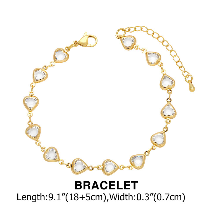 Elegant Heart Shape Copper Plating Inlay Zircon 18K Gold Plated Bracelets Necklace