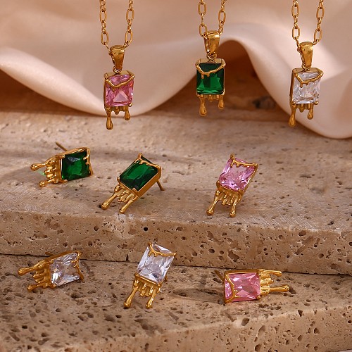 Basic Simple Style Classic Style Square Stainless Steel Plating Inlay Zircon 18K Gold Plated Earrings Necklace