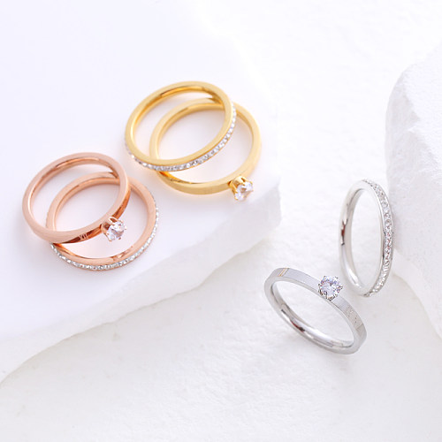 Estilo simples cor sólida chapeamento de aço inoxidável inlay zircon 24K banhado a ouro rosa anéis banhados a ouro