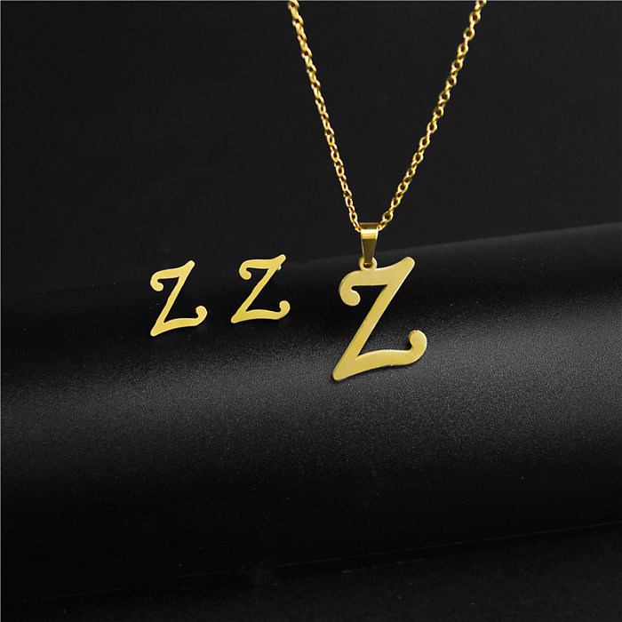 Fashion Ftainless Steel 26 Letters Necklace Earrings Simple Two-piece