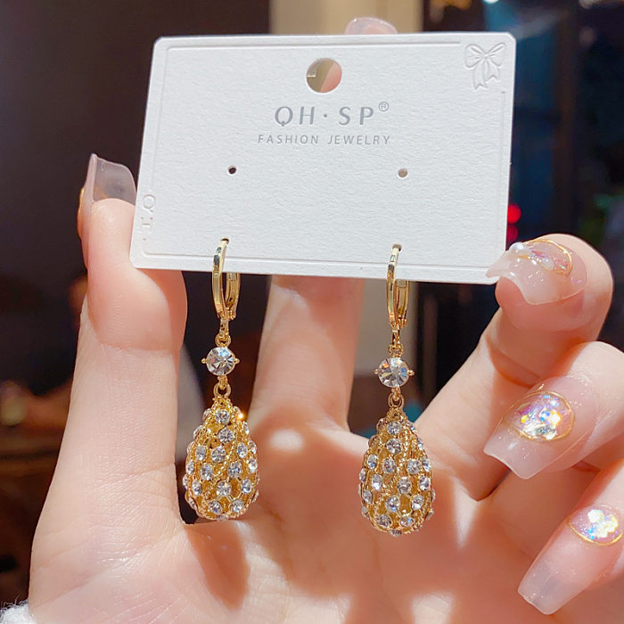 1 Pair Lady Water Droplets Tassel Plating Inlay Copper Artificial Diamond Drop Earrings