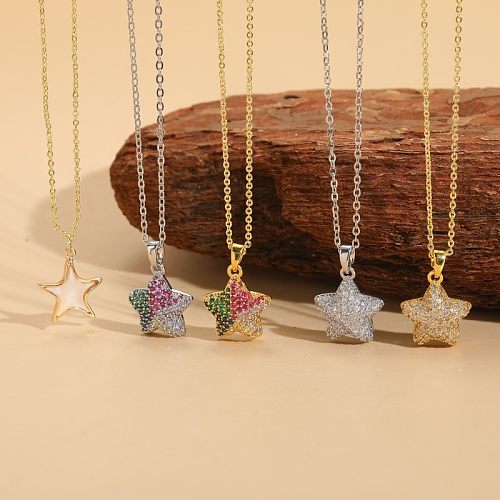 Damen-Anhänger-Halskette im schlichten Stil mit Pentagramm-Kupferbeschichtung, Inlay-Zirkon, 14 Karat vergoldet