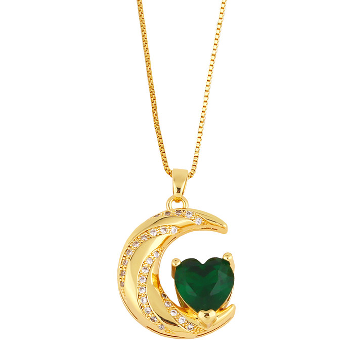 Fashion Moon Heart Shape Copper Gold Plated Zircon Pendant Necklace 1 Piece