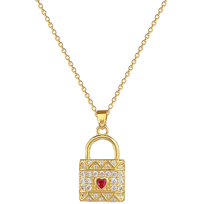 Estilo clássico streetwear forma de coração bloqueio titânio aço cobre incrustação pedras preciosas artificiais banhado a ouro pingente colar