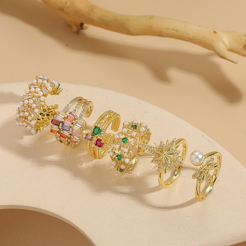 Elegante, luxuriöse, quadratische, verkupferte offene Ringe mit Zirkon-Inlay und 14-Karat-Vergoldung
