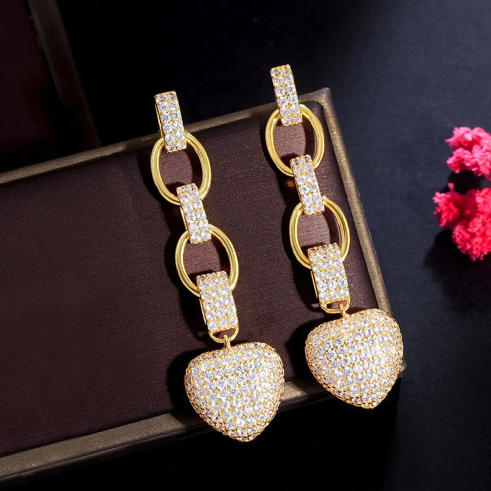1 Pair Simple Style Round Heart Shape Copper Zircon Drop Earrings
