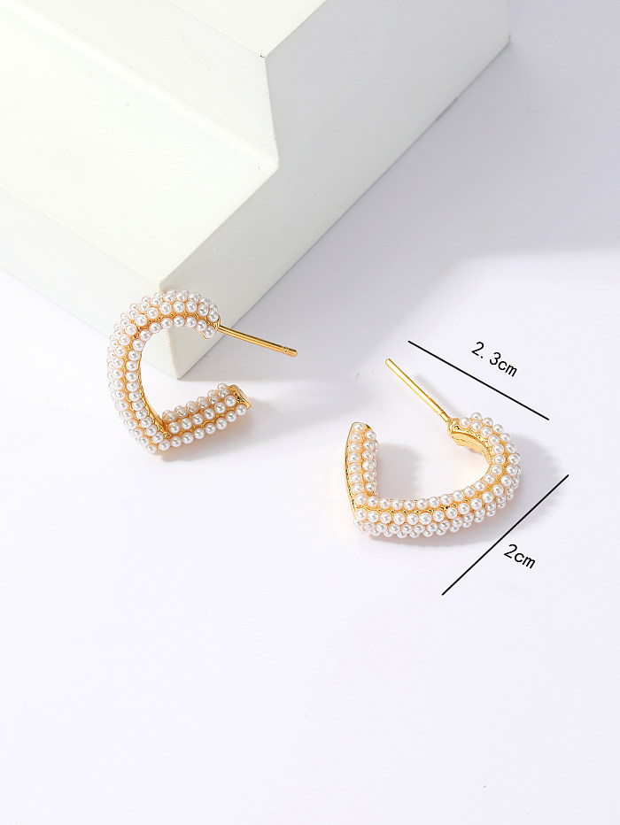 1 paire de clous d'oreilles en perles artificielles, Style féerique, doux, classique, en forme de cœur, incrustation de placage en cuivre