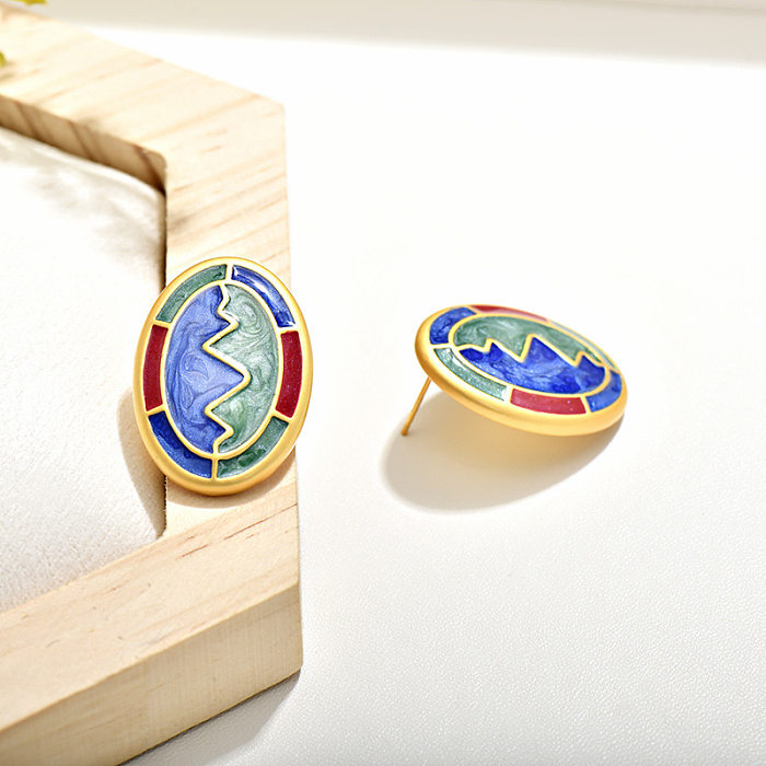 1 Pair Retro Oval Enamel Copper Ear Studs