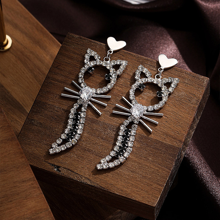 1 Pair Lady Cat Plating Inlay Copper Zircon Silver Plated Drop Earrings