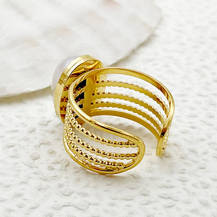 Anillos abiertos de perlas chapados en oro con incrustaciones de acero inoxidable ovaladas de estilo vintage casual al por mayor