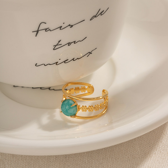 IG Style Simple Style Round Stainless Steel Plating Inlay Turquoise 18K Gold Plated Open Rings