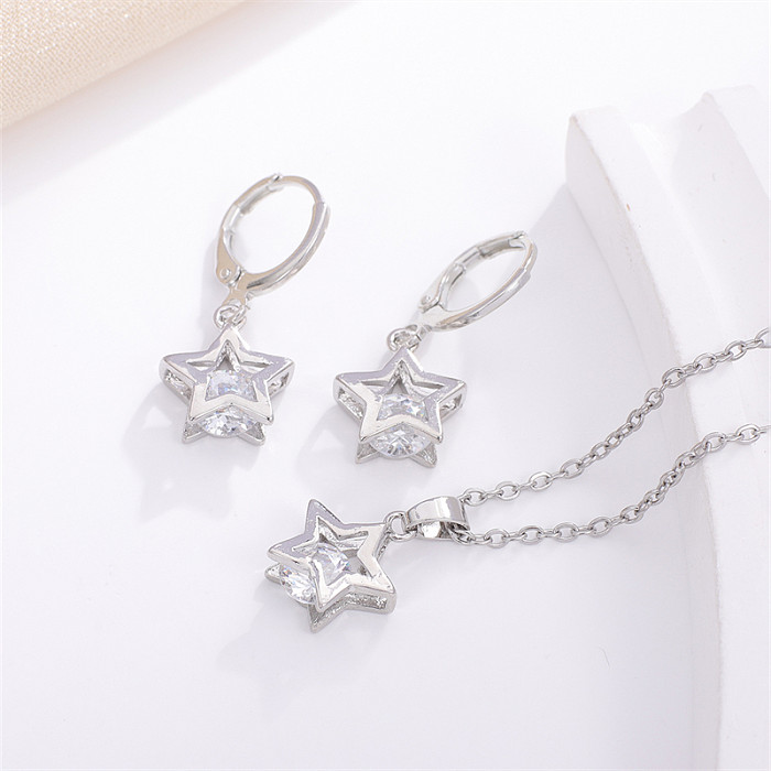 Colar de brincos de zircão com incrustações de cobre estrela redonda casual elegante estilo simples