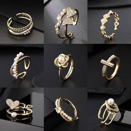 1 Stück modischer offener Ring in Herzform mit Kupfereinlage, künstlichen Perlen und Zirkon