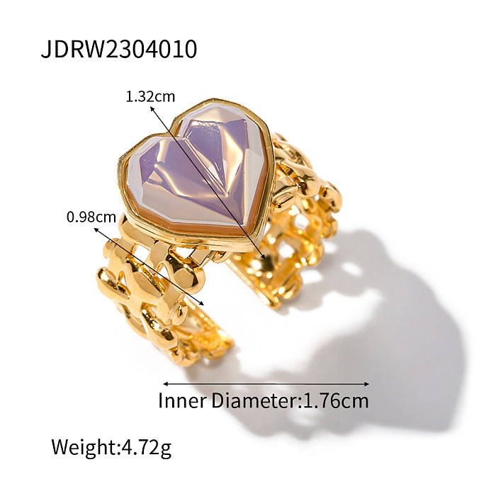 Anel aberto banhado a ouro 18K com pedras preciosas artificiais em formato de coração estilo IG em aço inoxidável