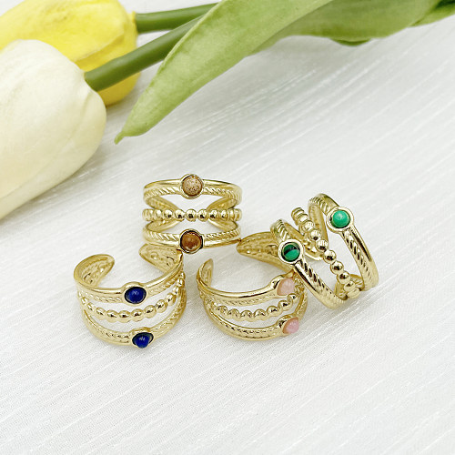 Vacation Modern Style Stripe Stainless Steel Metal Layered Plating Inlay Artificial Gemstones Gold Plated Open Ring