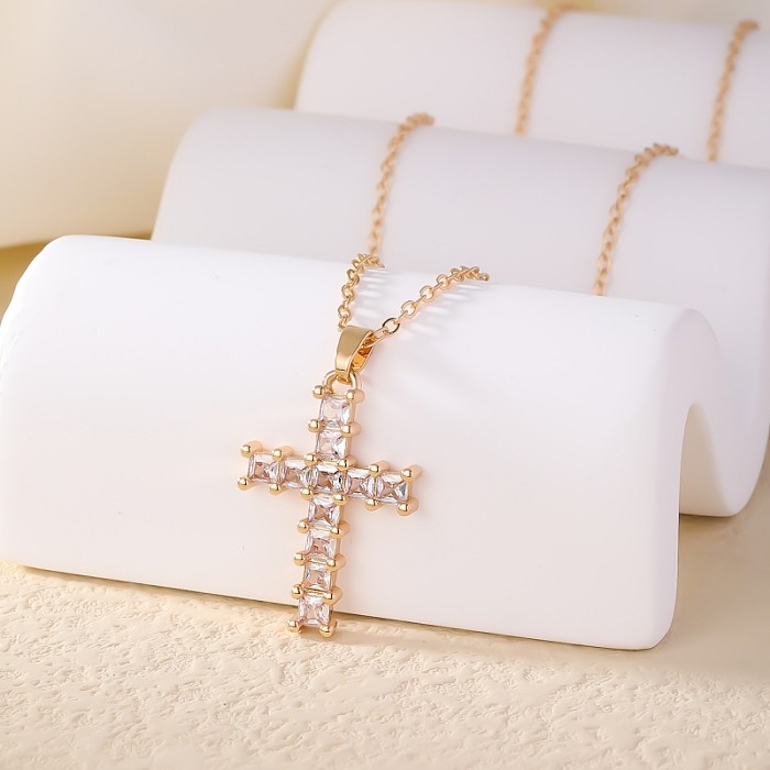 Retro Simple Style Cross Copper Gold Plated Zircon Necklace Pendant In Bulk