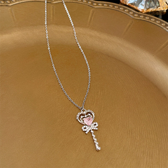 Elegant Sweet Heart Shape Bow Knot Copper Inlay Zircon Pendant Necklace