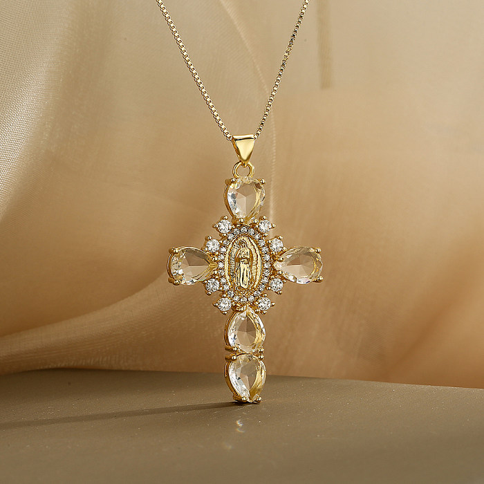 Simple Style Cross Copper Plating Inlay Zircon 18K Gold Plated Pendant Necklace