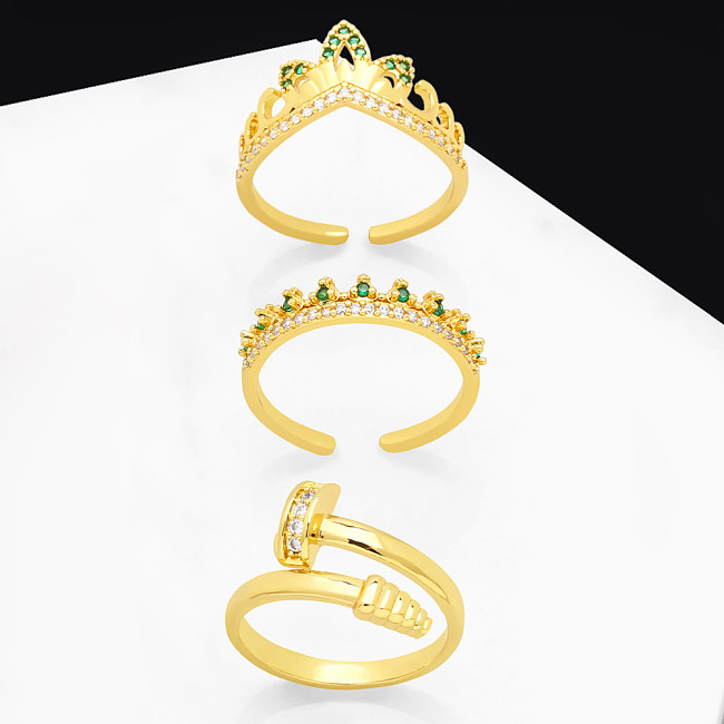 Moda coração forma coroa cobre banhado a ouro zircão anel aberto 1 peça