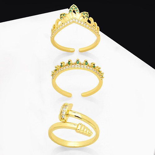 Modischer offener Ring in Herzform mit Krone, Kupfer, vergoldet, Zirkon, 1 Stück