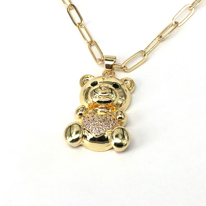 Collier pendentif hip-hop petit ours en cuivre plaqué or et Zircon en vrac