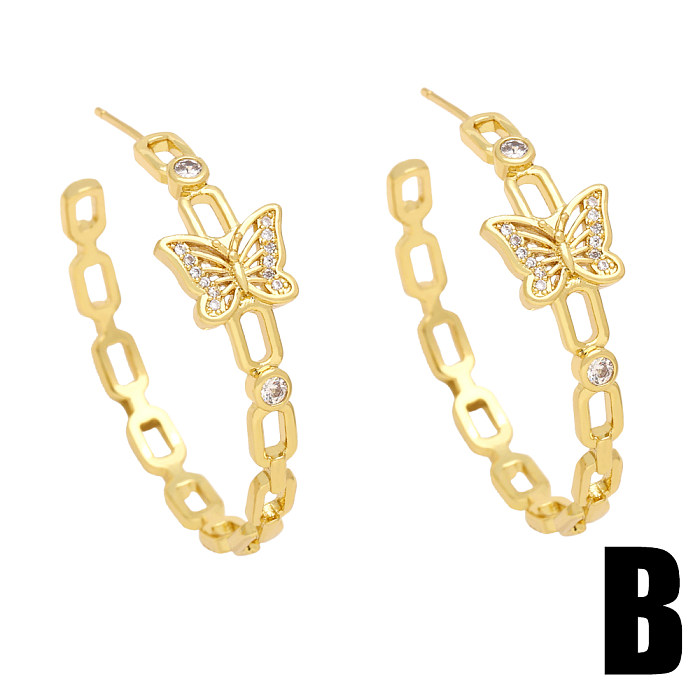 1 Pair Retro Classic Style C Shape Pentagram Butterfly Copper Plating Inlay Zircon 18K Gold Plated Ear Studs