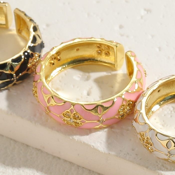 Elegante estilo clássico flor cobre esmalte chapeamento incrustado zircão 14K anéis abertos banhados a ouro